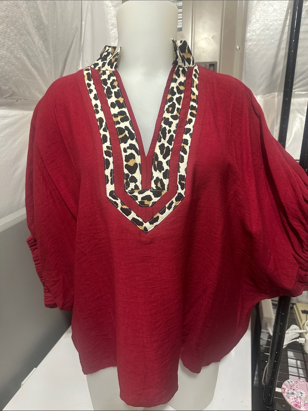 ENTRO. Red V-Neck Leopard Trim Women's Top